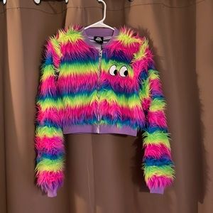 Lazy Oaf - Space Oddity fuzzy rainbow crop jacket RARE